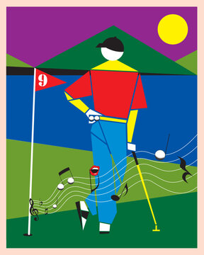 Illustration of a man which shot a ball on a golf course like a melody on a sunset