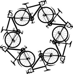 Editable vector illustration of six generic bicycle silhouettes joined in a hexagonal ring