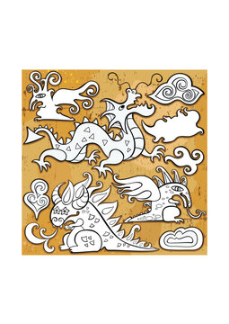 Dragons icon set, Chinese New Year symbols 2012. Vector set of sketchy, doodle dragons and decorative design elements. Little fairy  dragon, cheerful Chinese oriental dragon, cute fantasy dragon with 