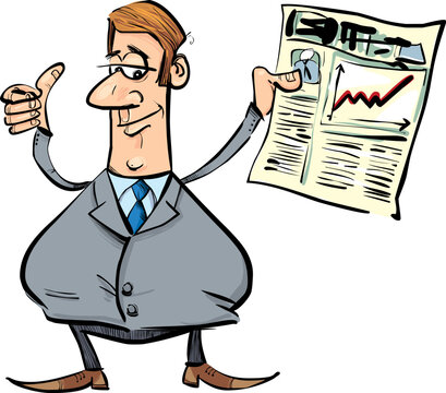 cartoon illustration of businessman with newspaper satisfied for share raises
