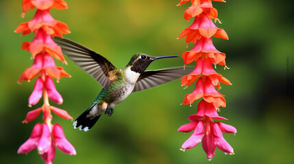 A hummingbird flies past a flower. Generative AI
