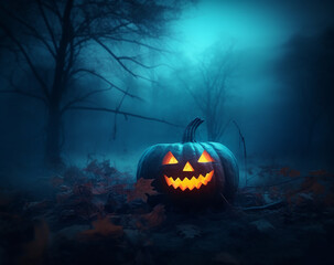 Naklejka premium A halloween pumpkin sits in a dark forest with a blue background. Generative AI 