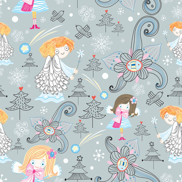 seamless graphic design of the angels and snowflakes on a gray background