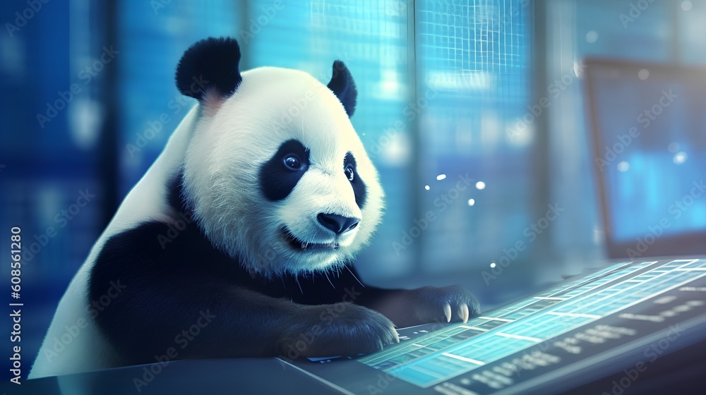 Poster a creative depiction featuring a panda character in the role of a data scientist, engaging with a da