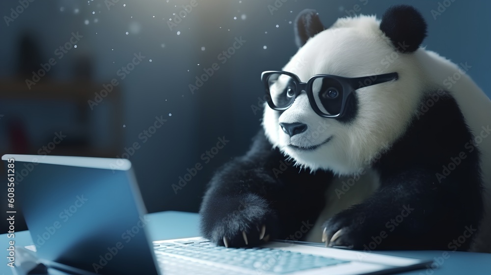 Poster a creative depiction featuring a panda character in the role of a data scientist, engaging with a da