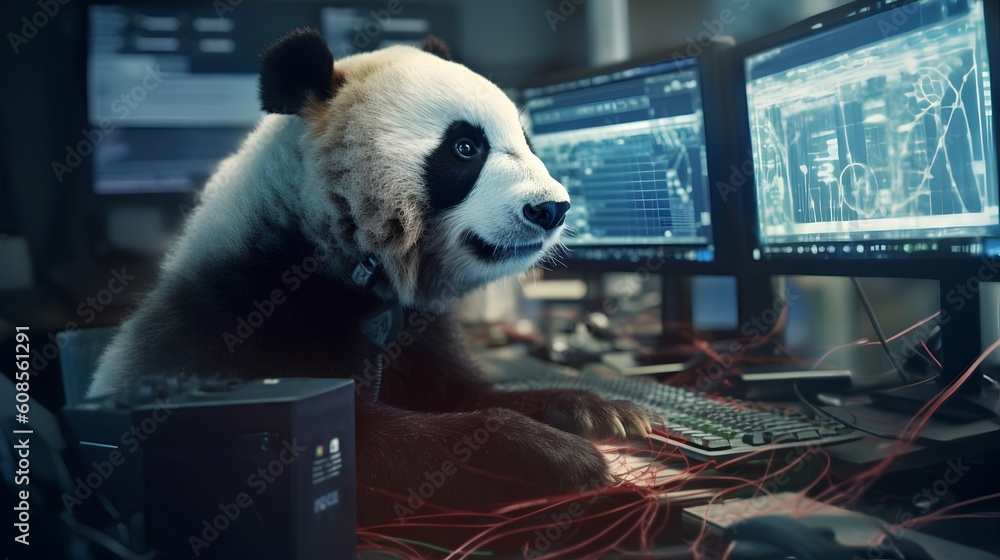 Poster a creative depiction featuring a panda character in the role of a data scientist, engaging with a da