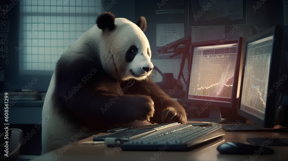 Poster a creative depiction featuring a panda character in the role of a data scientist, engaging with a da