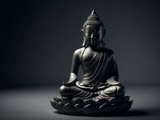 Buddha statue on black background. Monochrome image. AI generated.