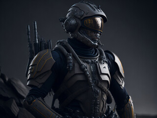 Cyborg warrior in armor and helmet on dark background. AI generated.