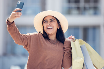 Shopping, selfie and happy Indian woman in city with smile for online post, social media and...