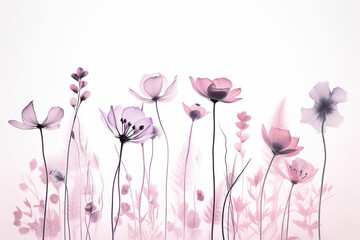 A group of purple flowers on a white background. Generative AI.