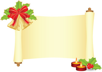 Manuscript with fir branch and christmas balls. Vector illustration, isolated on a white.