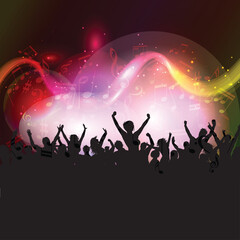 Silhouette of an excited audience on a colourful music notes background