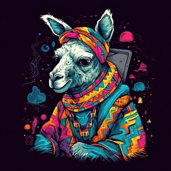 A llama wearing a scarf and sweater. Generative AI.