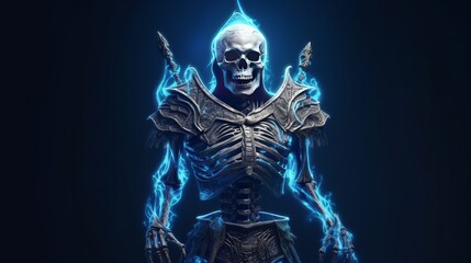 A skeletal warrior holding a sword against a dark background. Generative ai