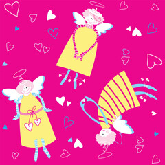 Seamless pattern - angels with hearts. For your design. Vector.