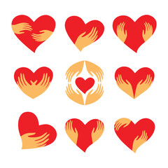 Ð¡ollection of signs - heart in his hands. Character - love, care, caring, loyalty and support. Vector set.