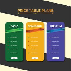 Colorful price table interface template for website or app