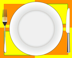 fork knife and a plate on colorful tablecloths