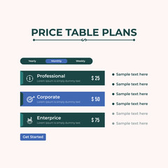 Price table interface or price chart template for website or app ui design