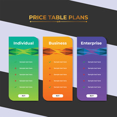 Colorful price table interface template for website or app development