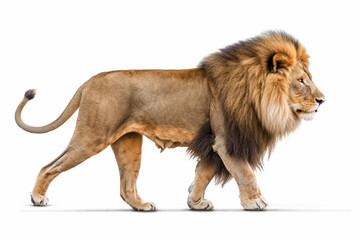 Side view of a male lion walking in front of a white background with Generative AI.