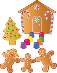 A gingerbread family standing outside their gingerbread house made of candy.