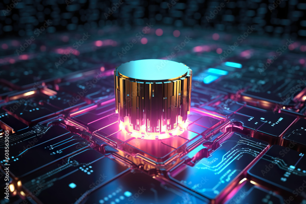Poster quantum computer close up, futuristic technology, generative ai. glowing elements, futuristic techno
