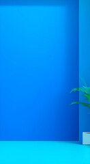 Abstract gradient blue studio background for product presentation. Empty room with window shadows, flowers and palm leaves. 3d room with copy space. Summer concert.