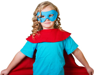 Little child Superhero. In mask and cloak