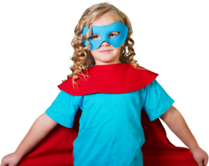 Little child Superhero. In mask and cloak