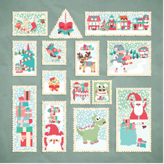 Collection of funny Christmas post stamps. Vector illustration.