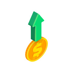 Obraz premium 3D isometric money growth up concept. Vector trending upward green vertical arrow and gold dollar coin on white background. 3D render uptrend chart. Business, financial data infographics for app, web.