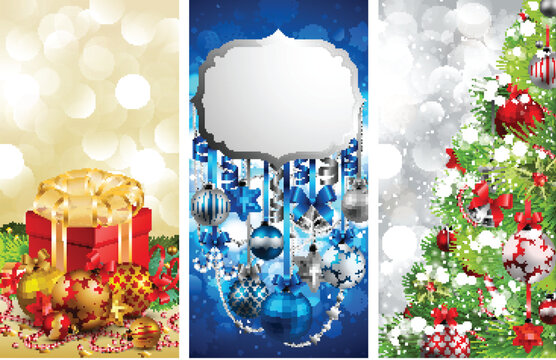 Christmas banners with baubles, fir tree, gift and place for text. Vector illustration.