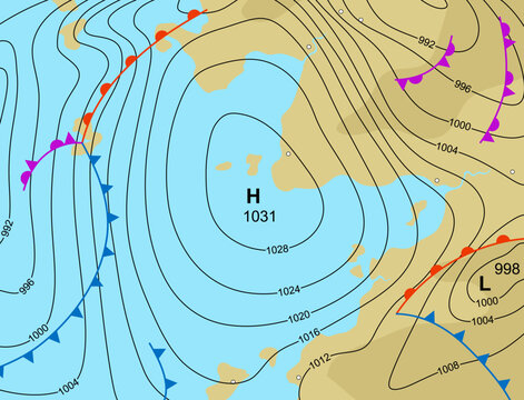Editable vector illustration of a generic weather map showing a high pressure system