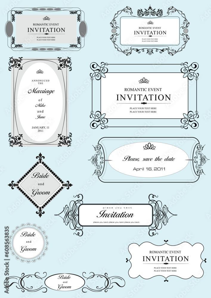 Poster set of ornate vector frames and ornaments with sample text. perfect as invitation or announcement. a
