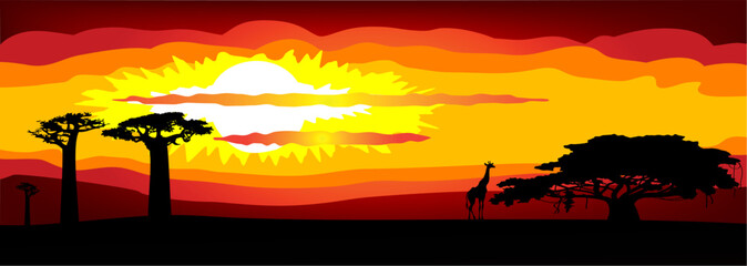 Abstract illustration of the sunset in Africa - vector. This file is vector, can be scaled to any size without loss of quality.