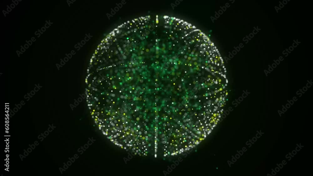 Poster futuristic pulsating sphere made of particles for connect network. flow of green particle in cybersp