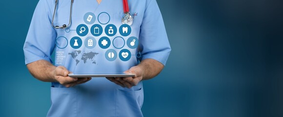 Medical doctor with digital hologram icons.