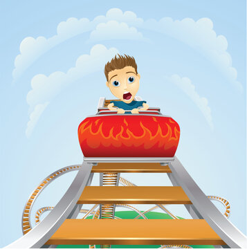 Cartoon of a young boy or man looking terrified on a roller coaster ride