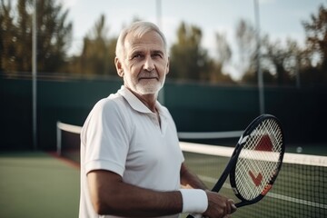 Portrait of senior man with tennis racket. Concept of active retired life. AI Generated.