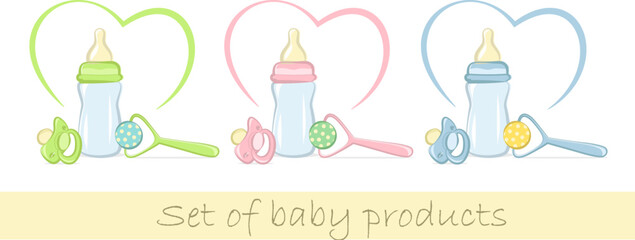 Set of baby products for a newborn in gentle colors (three version). Vector Illustration.