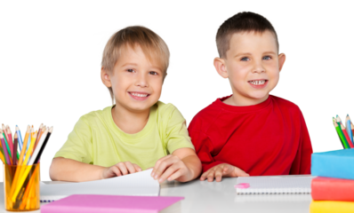 Two Smiling School Children with Textbooks