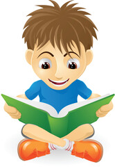 An illustration of a happy small boy smiling and reading a book