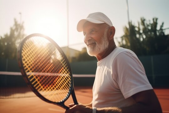 Portrait of senior man with tennis racket. Concept of active retired life. AI Generated.