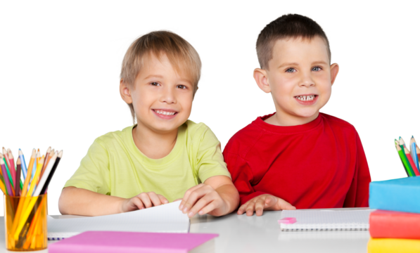 Two Smiling School Children with Textbooks