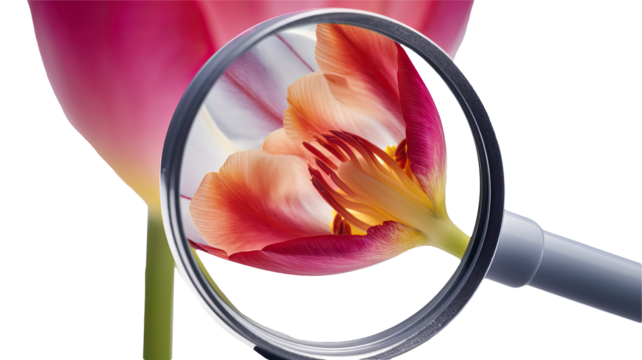 Investigation of Tulip Flower Through a Magnifying Glass on Transparent Background. Macro Image, Generative AI Technology.