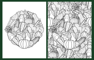 Doodle vegetables coloring pages set in US Letter format. Black and white healthy food background templates for coloring book. Vector illustration