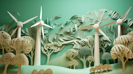 Paper art of wind power, wind turbines, regenerative energy, 