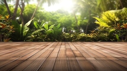 A wooden floor with a lush jungle landscape in the background. Generative ai